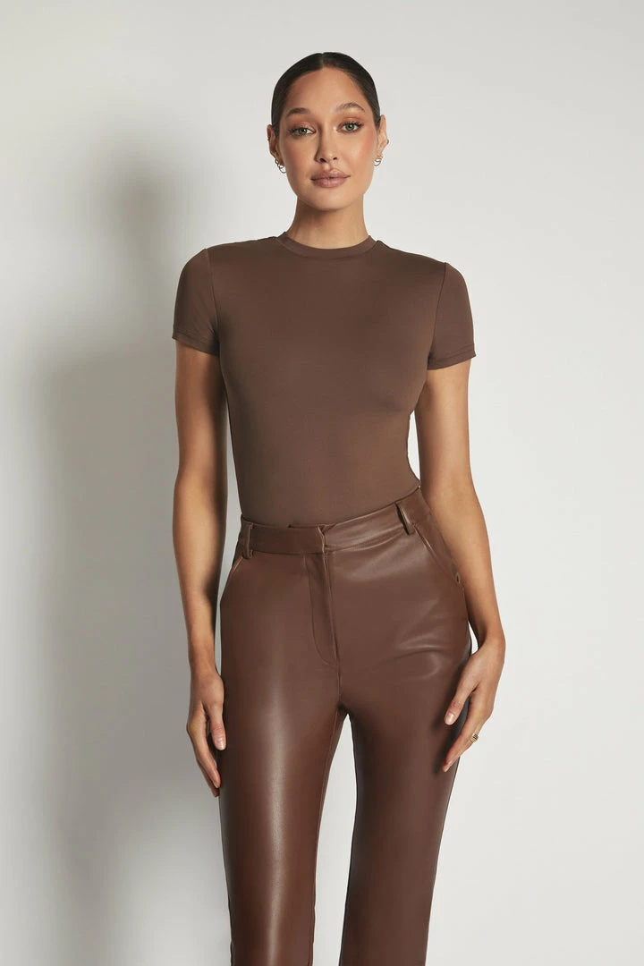 WXI All Tops Francesca Crew Neck Short Sleeve Bodysuit - Chocolate 3 WXI All Tops Francesca Crew Neck Short Sleeve Bodysuit - Chocolate