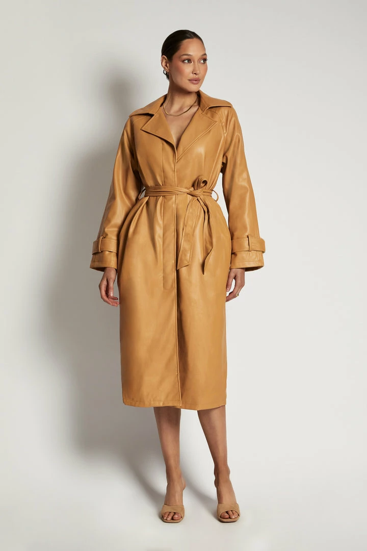 WNG Stassie Faux Leather Belted Trench Coat - Tan 1 WNG Stassie Faux Leather Belted Trench Coat - Tan