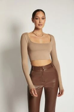 WXI Long Sleeve Tops Lana Scoop Long Sleeve Scoop Neck Crop - Latte
