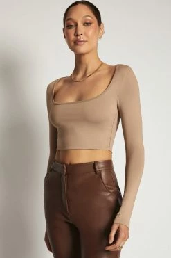 WXI Long Sleeve Tops Lana Scoop Long Sleeve Scoop Neck Crop - Latte