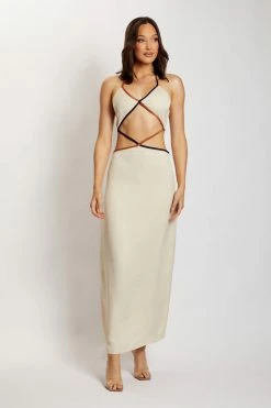 WNT Gemma Satin Contrast Binding Cut Out Dress - Champagne
