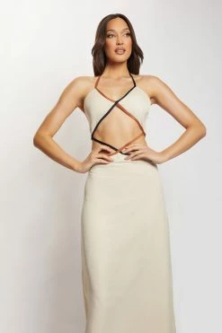 WNT Gemma Satin Contrast Binding Cut Out Dress - Champagne