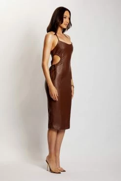 LCH Siobhan Cut Out Faux Leather Midi Dress - Chocolate DRESSES