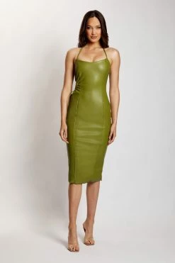 LCH DRESSES Siobhan Cut Out Faux Leather Midi Dress - Green