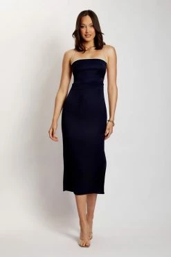 WNT DRESSES Kayleigh Satin Contrast Binding Midi Dress - Navy