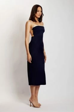 WNT DRESSES Kayleigh Satin Contrast Binding Midi Dress - Navy