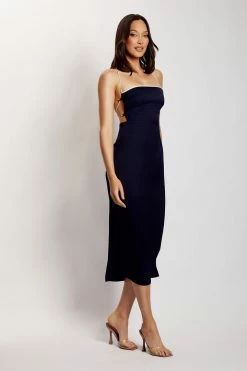 WNT DRESSES Kayleigh Satin Contrast Binding Midi Dress - Navy