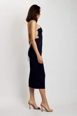 WNT DRESSES Kayleigh Satin Contrast Binding Midi Dress - Navy