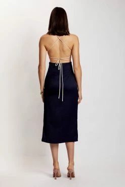 WNT DRESSES Kayleigh Satin Contrast Binding Midi Dress - Navy