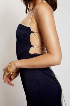 WNT DRESSES Kayleigh Satin Contrast Binding Midi Dress - Navy