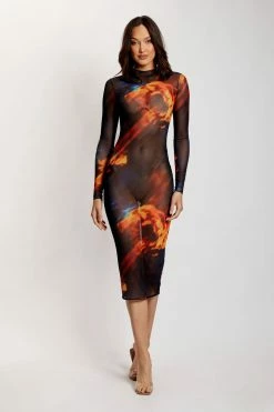 ROM Bonnie Mesh Long Sleeve Midi Dress - Abstract Floral