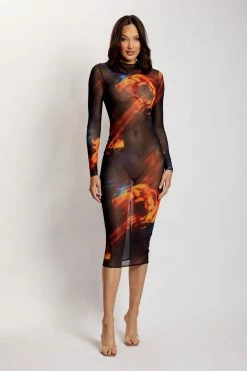ROM Bonnie Mesh Long Sleeve Midi Dress - Abstract Floral
