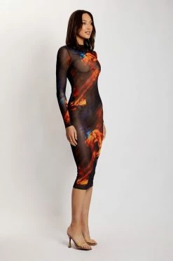 ROM Bonnie Mesh Long Sleeve Midi Dress - Abstract Floral