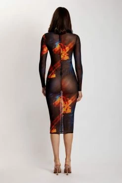 ROM Bonnie Mesh Long Sleeve Midi Dress - Abstract Floral