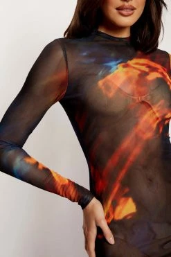 ROM Bonnie Mesh Long Sleeve Midi Dress - Abstract Floral