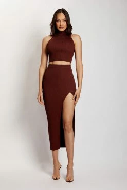 EMS Melanie Knit High Split Midi Skirt - Chocolate Two Piece Sets