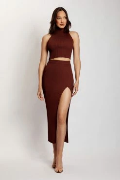 EMS Melanie Knit High Split Midi Skirt - Chocolate Two Piece Sets