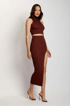 EMS Melanie Knit High Split Midi Skirt - Chocolate Two Piece Sets