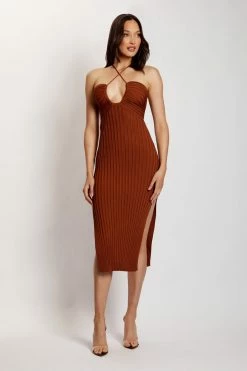 EMS Lori Ruched Front Knit Midi Dress - Chocolate 17 EMS Lori Ruched Front Knit Midi Dress - Chocolate