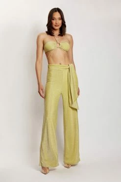 ROM Two Piece Sets Esther Wrap Over Straight Leg Pants - Green Shimmer