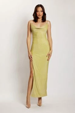 ROM Tammy Shimmer Deep V Maxi Dress - Green Shimmer
