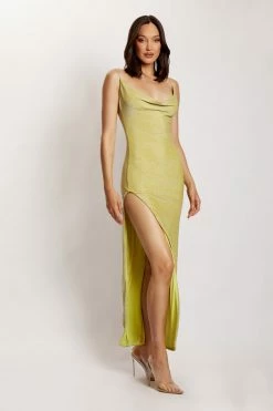 ROM Tammy Shimmer Deep V Maxi Dress - Green Shimmer