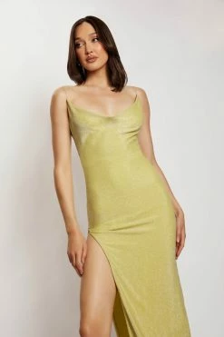 ROM Tammy Shimmer Deep V Maxi Dress - Green Shimmer