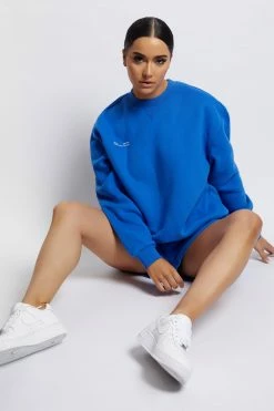QNG Jaz Oversized Fleeceback Crew Neck Jumper - Cobalt Blue Unisex