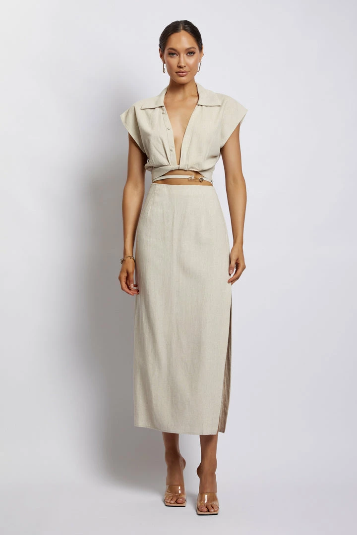 WNT Tegan Twist Front Grow On Sleeve Linen Crop Top - Natural 3 WNT Tegan Twist Front Grow On Sleeve Linen Crop Top - Natural