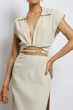 WNT Tegan Twist Front Grow On Sleeve Linen Crop Top - Natural