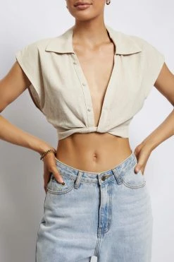 WNT Tegan Twist Front Grow On Sleeve Linen Crop Top - Natural 17 WNT Tegan Twist Front Grow On Sleeve Linen Crop Top - Natural