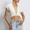 WNT Tegan Twist Front Grow On Sleeve Linen Crop Top - White