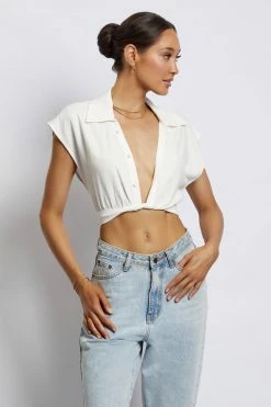 WNT Tegan Twist Front Grow On Sleeve Linen Crop Top - White