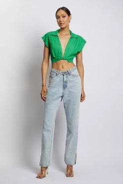 WNT All Tops Tegan Twist Front Grow On Sleeve Linen Crop Top - Green 12 WNT All Tops Tegan Twist Front Grow On Sleeve Linen Crop Top - Green