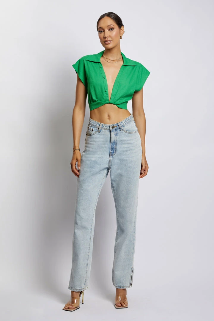 WNT All Tops Tegan Twist Front Grow On Sleeve Linen Crop Top - Green 4 WNT All Tops Tegan Twist Front Grow On Sleeve Linen Crop Top - Green