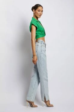 WNT All Tops Tegan Twist Front Grow On Sleeve Linen Crop Top - Green 11 WNT All Tops Tegan Twist Front Grow On Sleeve Linen Crop Top - Green