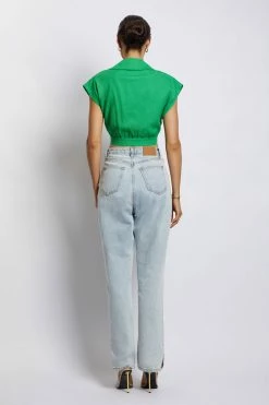 WNT All Tops Tegan Twist Front Grow On Sleeve Linen Crop Top - Green