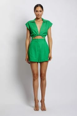 ROM All Bottoms Yalda Contrast Panel Linen Shorts - Green