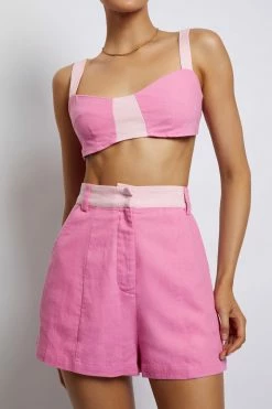 ROM All Tops Yalda Contrast Panel Linen Bustier - Candy Pink