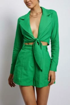 ROM All Bottoms Yalda Contrast Panel Linen Shorts - Green