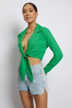 WNT All Tops Priscilla Tie Front Linen Crop Top - Green 21 WNT All Tops Priscilla Tie Front Linen Crop Top - Green