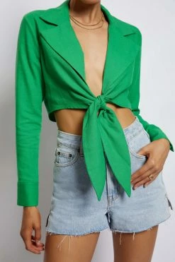 WNT All Tops Priscilla Tie Front Linen Crop Top - Green 19 WNT All Tops Priscilla Tie Front Linen Crop Top - Green