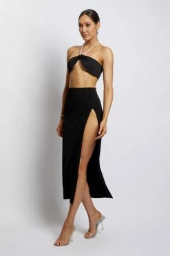 AMC Lea Diamante Chain Halter Neck Crop Top - Black