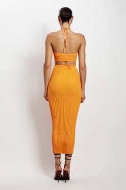 EMS All Tops Stacey Ruched Knit Halter Top - Orange