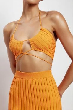 EMS All Tops Stacey Ruched Knit Halter Top - Orange