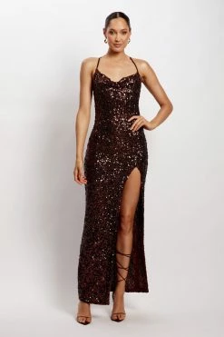 QNG Lily Sequin Front Split Maxi Dress - Chocolate DRESSES