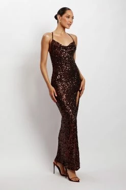 QNG Lily Sequin Front Split Maxi Dress - Chocolate DRESSES
