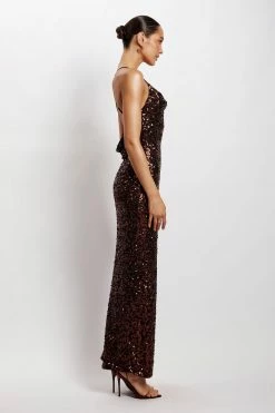 QNG Lily Sequin Front Split Maxi Dress - Chocolate DRESSES
