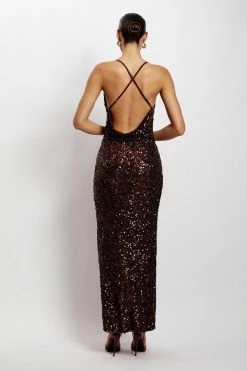 QNG Lily Sequin Front Split Maxi Dress - Chocolate DRESSES