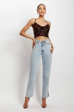 QNG All Tops Nikita Sequin Cowl Neck Top - Chocolate